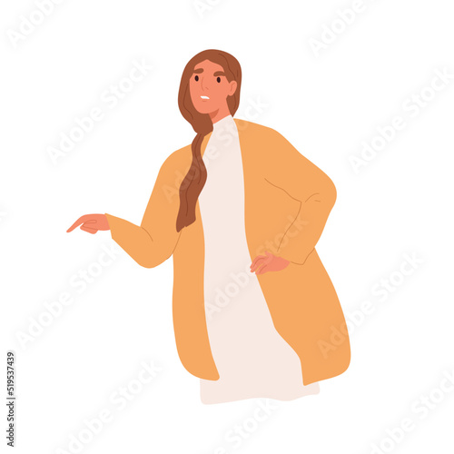 Angry upset woman complaining, pointing at problem with finger. Annoyed confused dissatisfied person frowning with irritated face expression. Flat vector illustration isolated on white background photo