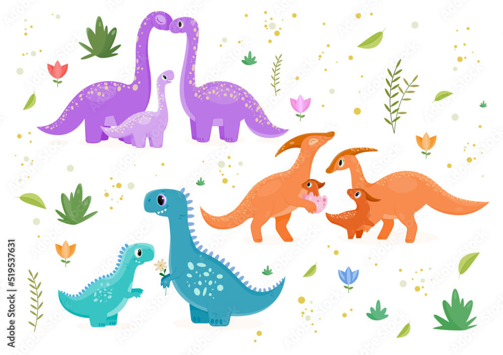 Obraz premium Set of cute dinosaur families. Illustrations with dyno parents and baby. Fairy tale characters in Scandinavian style surrounded by flowers. Cartoon flat vector collection isolated on white background