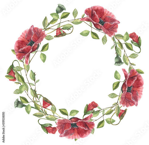Delicate watercolor wreath with red poppy flowers, stems, buds, herbs and leaves for wedding invitations, greeting cards and business cards.