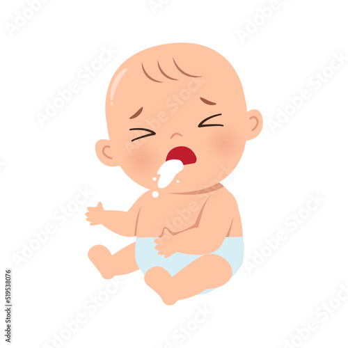Baby vomiting milk illustration. Flat vector cartoon design