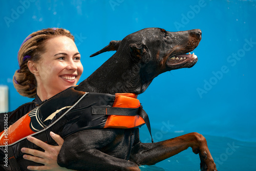 Schilderij op canvas Dog in life jacket swim in the swimming pool with coach