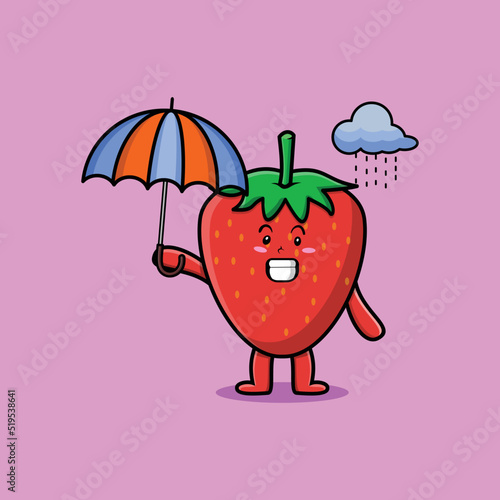 Cute cartoon strawberry character in the rain and using an umbrella in flat modern style design