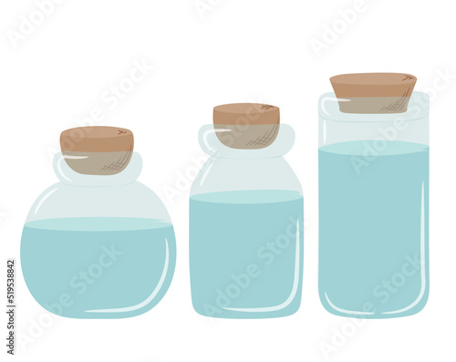 A set of blue glass jars with liquid inside. The jar is closed with a cork hand drawn in doodle style. Isolated vector illustration.