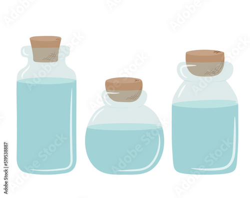 A set of blue glass jars with liquid inside. The jar is closed with a cork hand drawn in doodle style. Isolated vector illustration.