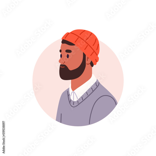 Man face portrait in circle. User profile avatar of person with beard, mustache, wearing knitted hat on head. Modern male character. Flat vector illustration isolated on white background