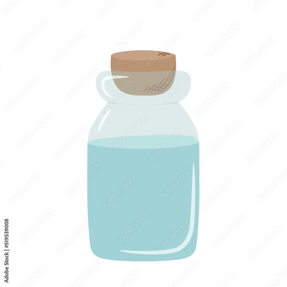 Single blue glass jar with liquid inside. The jar is closed with a stopper drawn by hand in the style of doodle. Isolated vector illustration. Single blue glass jar with liquid inside. The jar is closed with a stopper drawn by hand in the style of doodle. Isolated vector illustration.