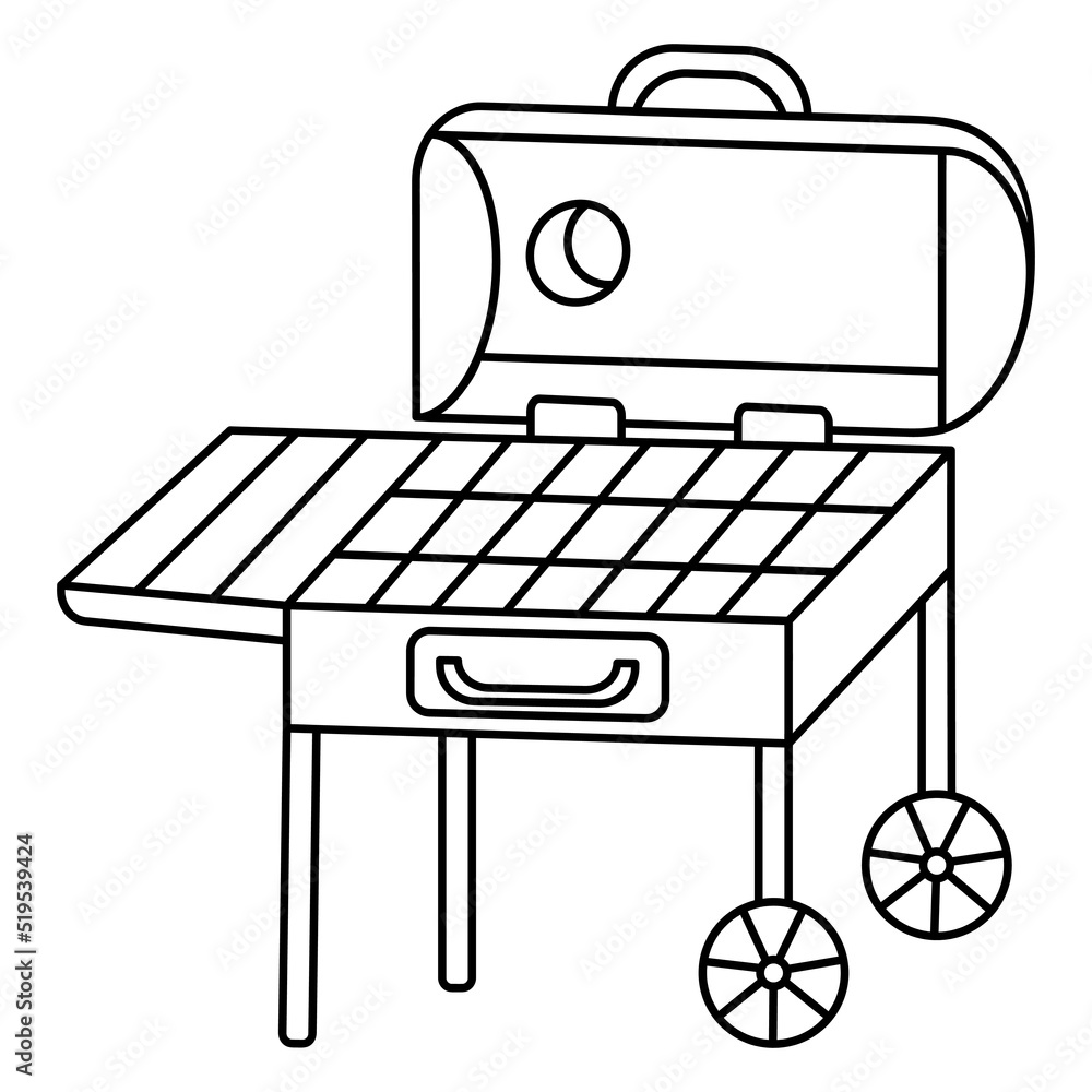 brazier. Barbecue on wheels. Sketch. Rectangular container with a lid for frying food. Vector illustration. Coloring book for children. Outline on isolated background. Doodle style. Stock Vector | Adobe Stock