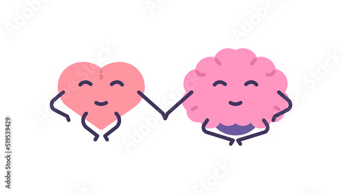 the concept of connecting mind and heart. harmonize mind and body. brain and heart characters are meditating and holding hands with each other. flat cartoon illustrations. vector design