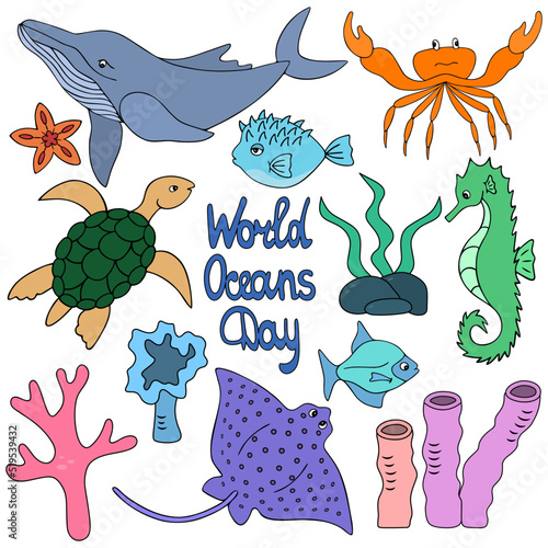 Ocean dwellers. Color vector illustration collection. Aquatic animals and plants. Whale, seahorse, turtle. Cartoon style. Isolated background. Idea for web design.