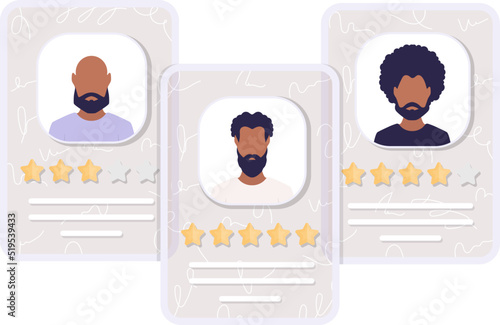 Job candidate cards with rating. Vector. Flat style.