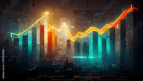 Fotografia Blue descending forex chart on a green, yellow background of a night city