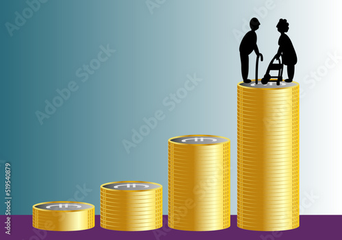 Suben las pensiones. Cuesta ascendente de pilas de monedas  de euro y en la cúspide la silueta negra de personas mayores
