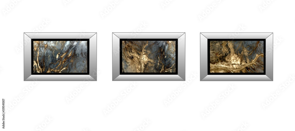 Fototapeta premium 3 silver frames of abstract photographs of the deserts of Africa from the air, on a white wall background,