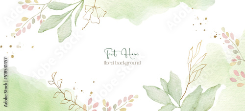 Watercolor vector background with branches, green spots and gold flecks.