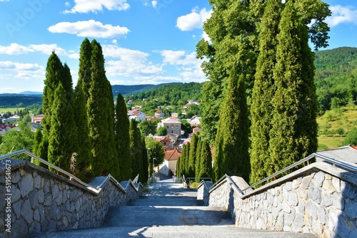 Stairway leading down towards the town of Ilirska Bistrica in Notranjska region of Slovenia photo