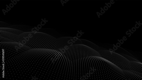 Futuristic digital wave. Dark cyberspace. Abstract wave with dots and line. White moving particles on background.