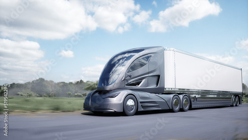 3d model of futuristic electric truck very fast driving on highway. Logistic  future concept. 3d rendering.