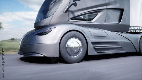 3d model of futuristic electric truck very fast driving on highway. Logistic, future concept. 3d rendering.