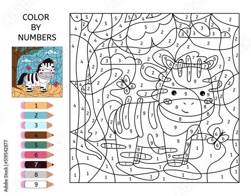 Color by numbers. Coloring page with cute cartoon zebra. African animals. Learn numbers. Educational game. Puzzle for kids. Printable worksheet. Vector illustration for coloring book.