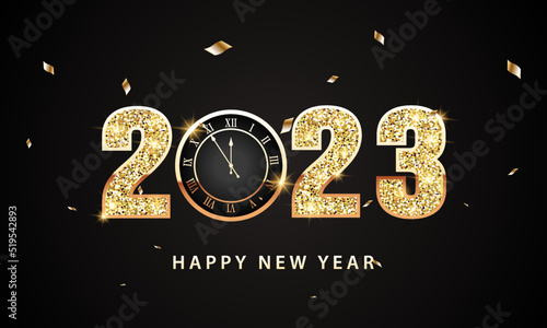 Happy new year 2022. Golden numbers with confetti on a dark blue background. Holiday greeting card design.