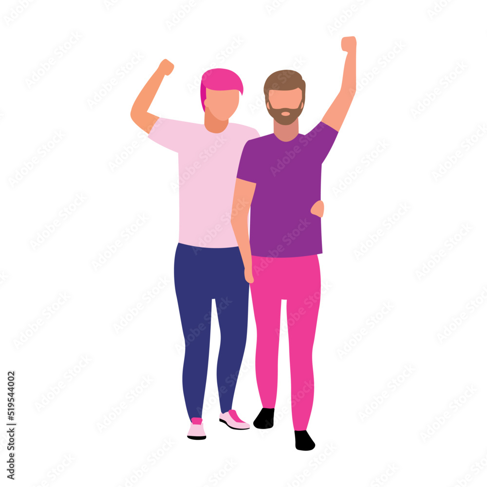 Gay couple at pride parade semi flat color vector characters. Posing figures. Full body people on white. Free love simple cartoon style illustration for web graphic design and animation Gay couple at pride parade semi flat color vector characters. Posing figures. Full body people on white. Free love simple cartoon style illustration for web graphic design and animation