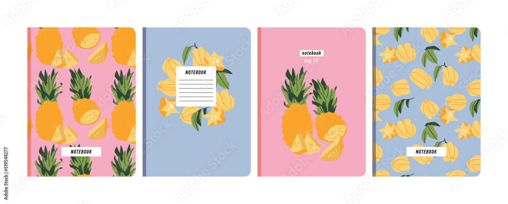 Vector illustartion templates cover pages for notebooks, planners, brochures, books, catalogs. Fruits wallpapers with with pineapple and carambol.
