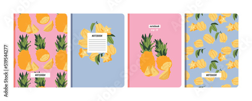 Vector illustartion templates cover pages for notebooks  planners  brochures  books  catalogs. Fruits wallpapers with with pineapple and carambol.