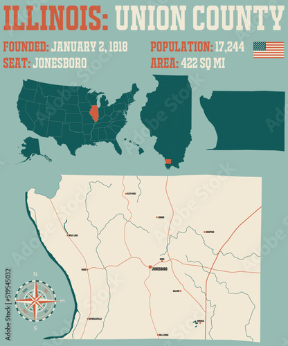 Large and detailed map of Union county in Illinois, USA.