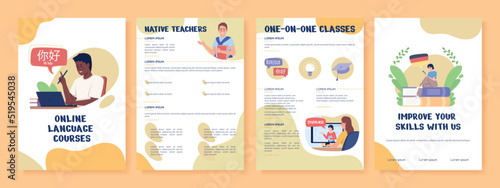Online language courses flat vector brochure template. Booklet, leaflet printable flat color designs. Editable magazine page, reports kit with text space. Nerko One, Quicksand, Comfortaa fonts used