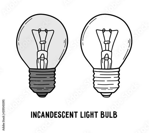 Incandescent light bulb, lamp icon and idea symbol vector linear illustration in doodle sketch hand drawn style