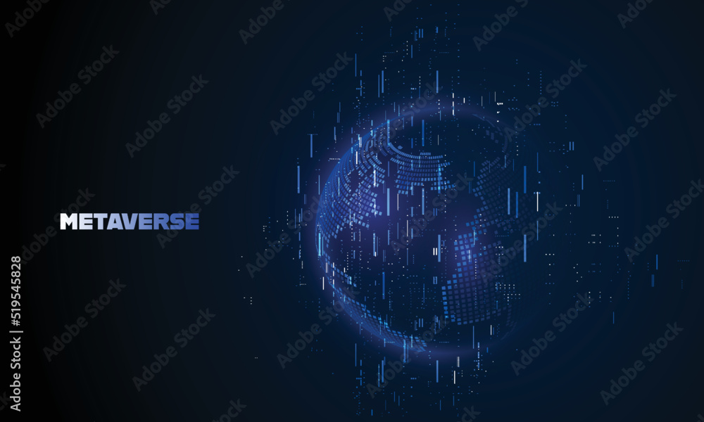 Metaverse, virtual reality, augmented reality and blockchain technology, user interface 3D experience. Word metaverse with world map globe in futuristic environment background..