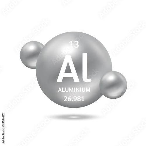 Aluminium molecule models silver and chemical formulas scientific element. Ecology and biochemistry concept. Isolated spheres on white background. 3D Vector Illustration.