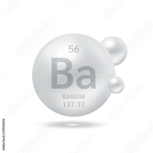 Barium molecule models silver and chemical formulas scientific element. Ecology and biochemistry concept. Isolated spheres on white background. 3D Vector Illustration.