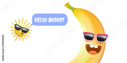 hello August horizontal banner with cartoon sun and funky banana character isolated on summer white background. Vector 3d clay horizontal hello august scene, poster, flyer, banner and background