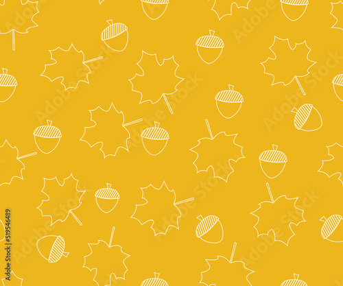 Colorful leaves and nuts line art seamless pattern