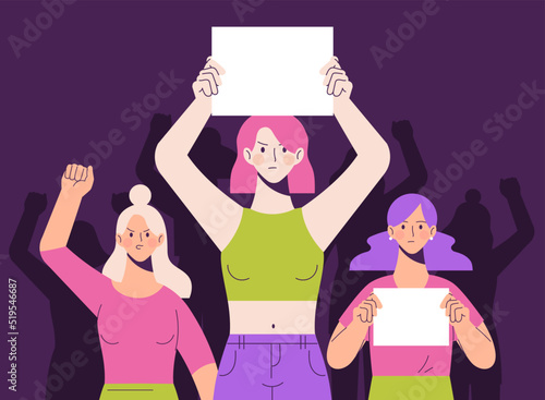 Protest for women's rights concept. 3 girls stand in line together with banner