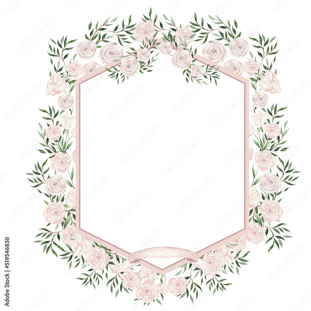 Watercolor frame with rose flowers and leaves. Illustration 
