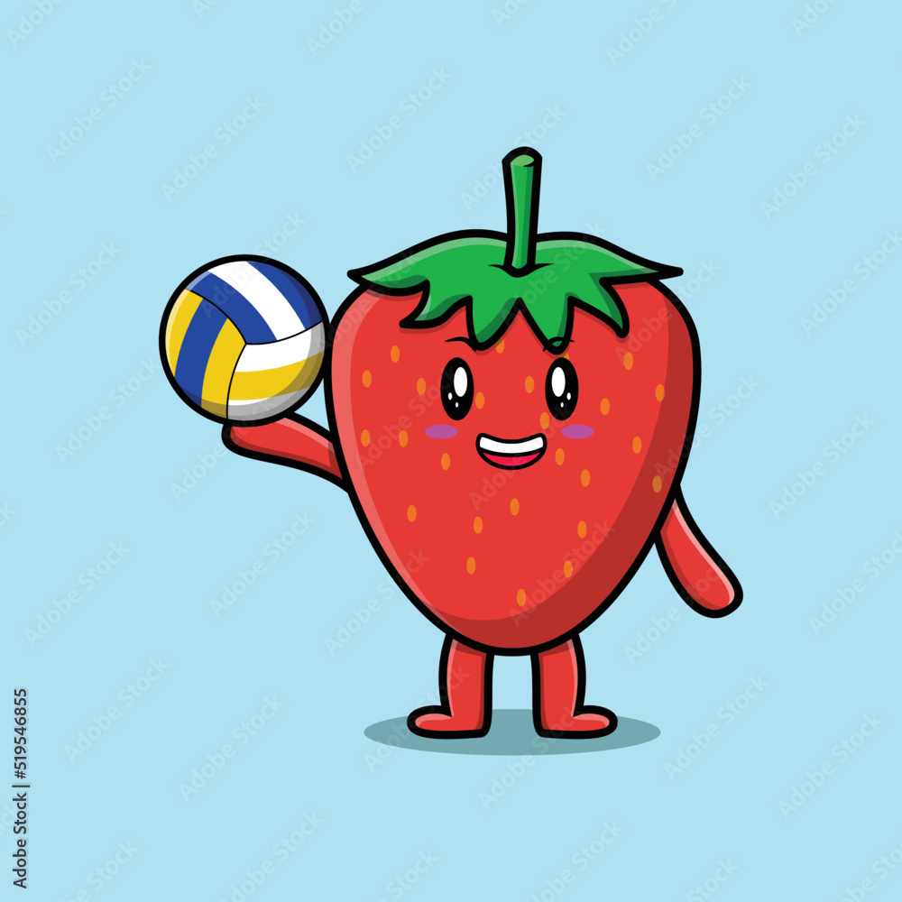 Cute cartoon strawberry character playing volleyball in flat cartoon