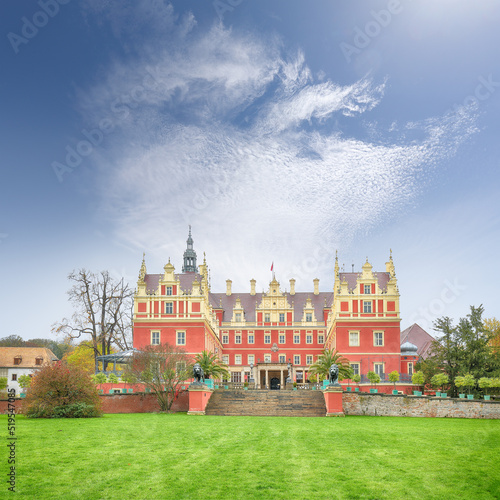 Breathtaking autumn landscape with Muskau castle.