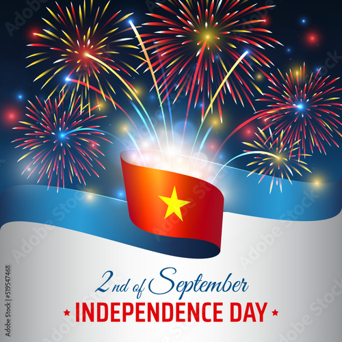 September 2, vietnam independence day, vector template with vietnamese flag and colorful fireworks on blue night sky background. Vietnam national holiday september 2nd. Independence day card