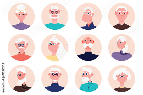 Grandparents in family people avatars isolated set. Diverse elderly men and women with different look. Grandmothers and grandfathers mascots. Vector illustration with characters in flat cartoon design