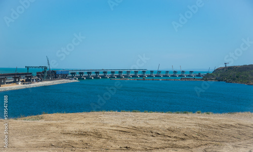 The Kerch Strait Bridge construction .Crimean Bridge, also called Kerch Strait Bridge or Kerch Bridge. The installation of the railway road