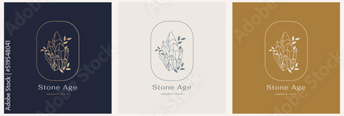 Mystic crystals logo in minimal linear style. Vector logo design. For cosmetics, beauty, tattoo, spa, manicure, jewelry store, astrologer