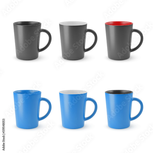 Illustration of Six Realistic Empty Ceramic Coffee Cup on a White Background. Isolated Mockup with Shadow Effect, and Copy Space for Your Design
