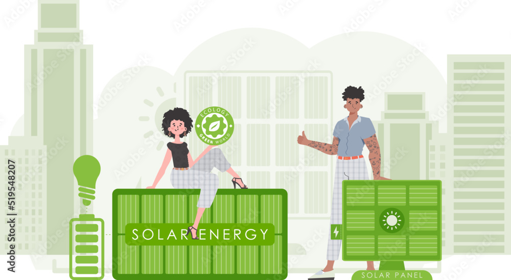 Man and woman and solar panels. The concept of solar energy. Vector. Man and woman and solar panels. The concept of solar energy. Vector.