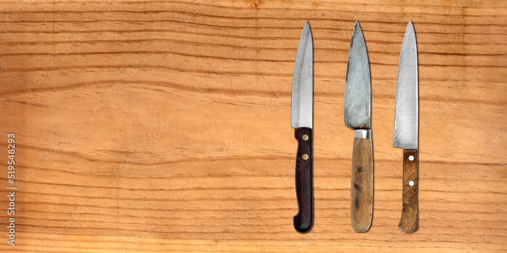 Topview of Set Cooking Knives on Table Background Topview of Set Cooking Knives on Table Background