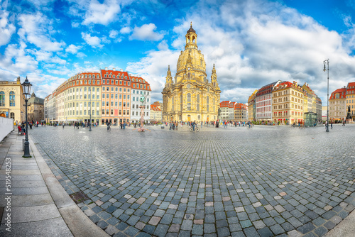 Breathtaking view of of Baroque church - Frauenkirche at Neumarkt square in downtown of Dresden.