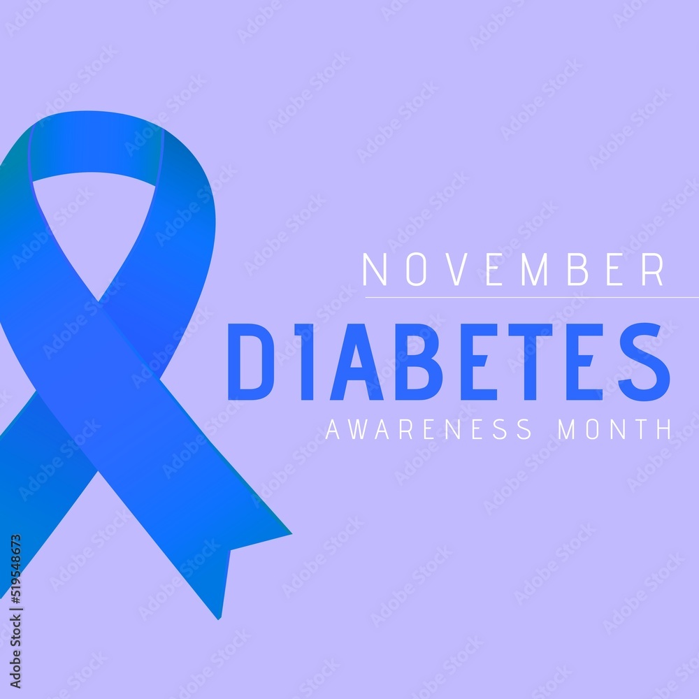 Image of november diabetes awareness month and blue ribbon on violet background - obrazy, fototapety, plakaty 