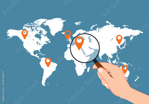 Travel concept.Human hand holding holding magnifying glass for finding the best travel destination in summer holiday on world map. Flat modern design style vector illustration.