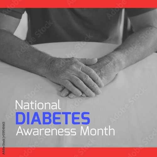 National diabetes awareness month over hands of senior caucasian man